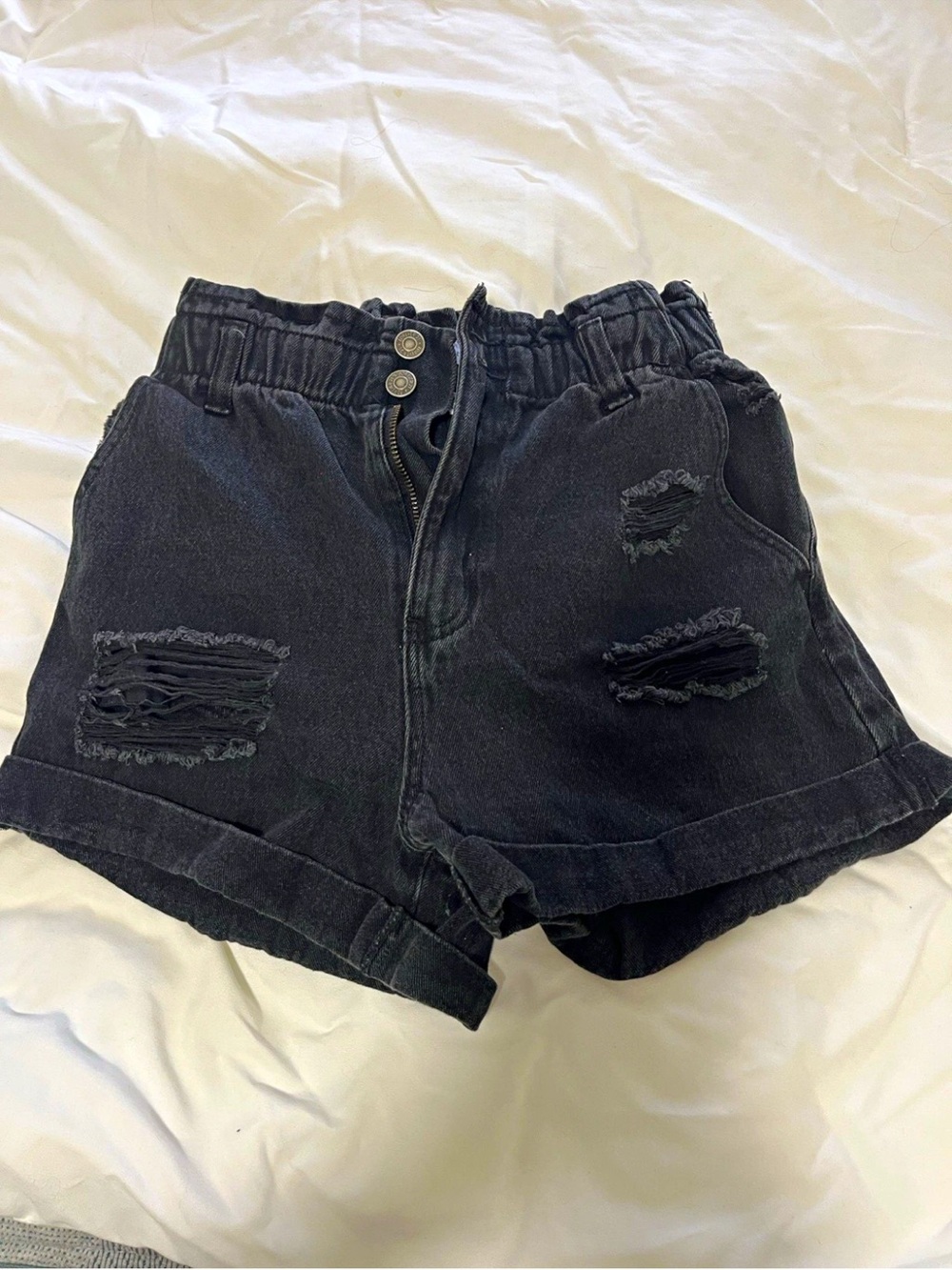 Forever 21 Black Distressed High-Rise Paperbag Denim Shorts